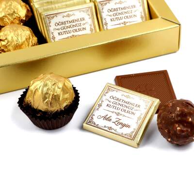 İsimli Öğretmenler Günü Hediyesi (26 Madlen Çikolata 8 Gofret) (Asetat Kutu) Gold Kutu - 4