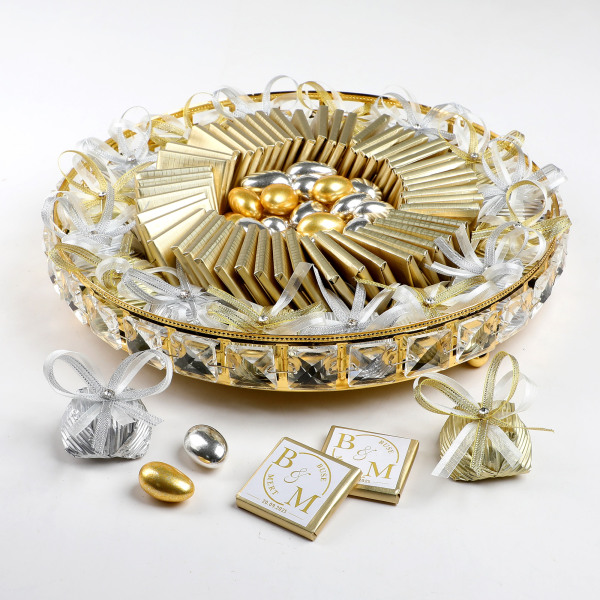 İsimli Yuvarlak Taşlı Ayaklı Tepsi Söz Nişan Çikolatası - 2