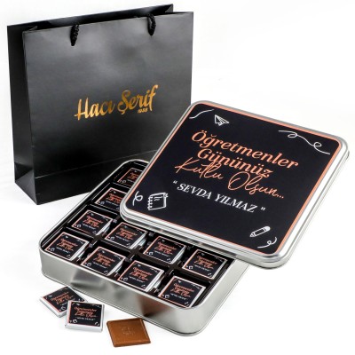 İsme Özel ​Öğretmenler Günü Hediyesi (48 Adet Madlen Çikolata Metal Kutu) Model-1 - Hacı Şerif