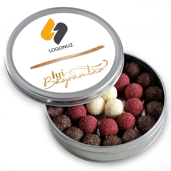 İyi Bayramlar Hediyesi Firmalara Özel Kurumsal Promosyon Logolu Karışık Special Truffle Çikolata (Yuvarlak Metal Kutu) - 1