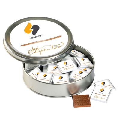 İyi Bayramlar Hediyesi Firmalara Özel Kurumsal Promosyon Logolu Yuvarlak Metal Kutu (40 Adet Madlen Çikolata) - Hacı Şerif