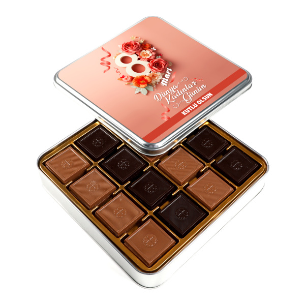 Kadınlar Günü Hediyesi 64 Adet Sütlü Bitter Madlen Çikolata (Metal Kutu) Pembe - 1