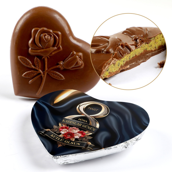 Kadınlar Günü Hediyesi Antep Fıstıklı Kadayıflı Dolgulu (Kalp Şeklinde) Dubai Çikolatası - 1