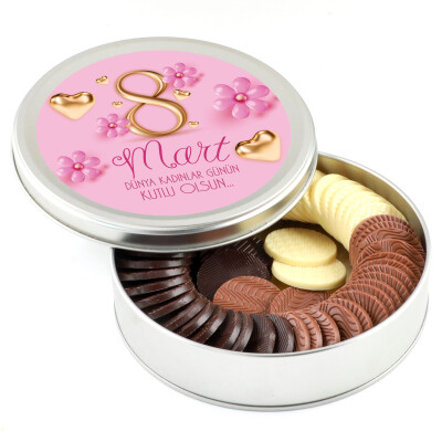 Kadınlar Günü Hediyesi Yuvarlak Madlen Çikolata (Metal Yuvarlak Kutu) - Hacı Şerif