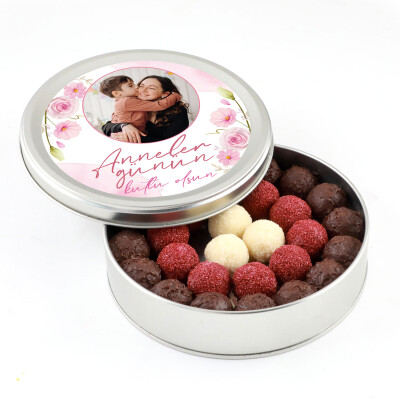Kendi Fotoğrafınız ile Anneler Günü Hediyesi Karışık Special Truffle Çikolata (Yuvarlak Metal Kutu) - 1