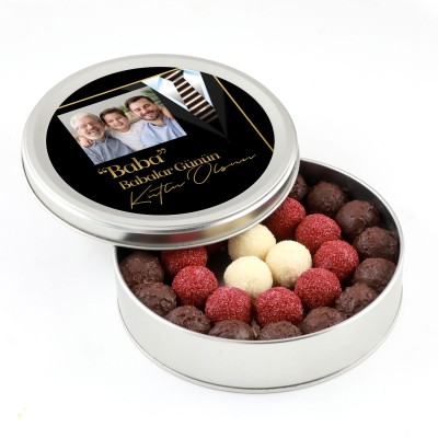 Kendi Fotoğrafınız İle Babalar Günü Hediyesi Karışık Special Truffle Çikolata (Yuvarlak Metal Kutu) - Model-1 - Hacı Şerif