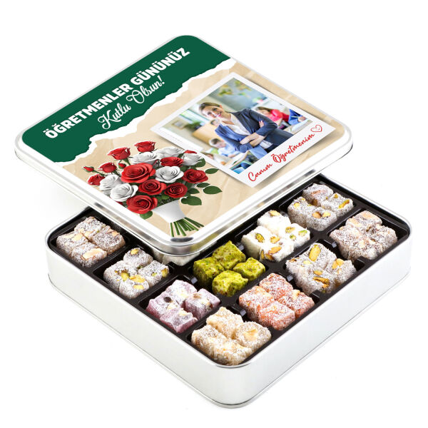 Kendi Fotoğrafınız ile Öğretmenler Günü Hediyesi Karışık Çifte Kavrulmuş Lokum (Metal Kutu) - 1