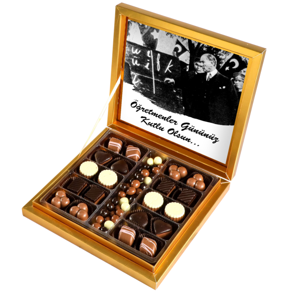 Atatürk Temalı Öğretmenler Günü Hediyesi Kahve Drajeli Special Çikolata 290g (Gold Kutu) - 1
