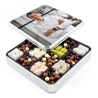 Kendi Fotoğrafınızla Kişiye Özel Hediye Kahve Draje + Çifte Kavrulmuş Lokum (Metal Kutu) - Hacı Şerif