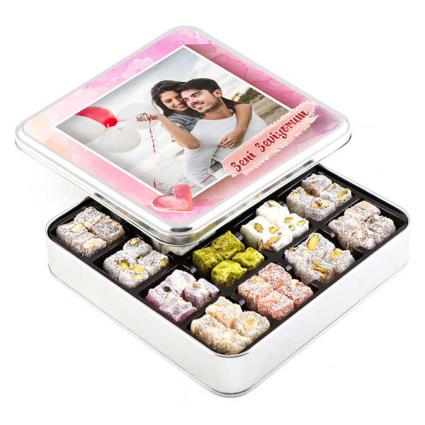 Fotoğraflı Sevgiliye Hediye Karışık Çifte Kavrulmuş Lokum (Metal Kutu) - 1