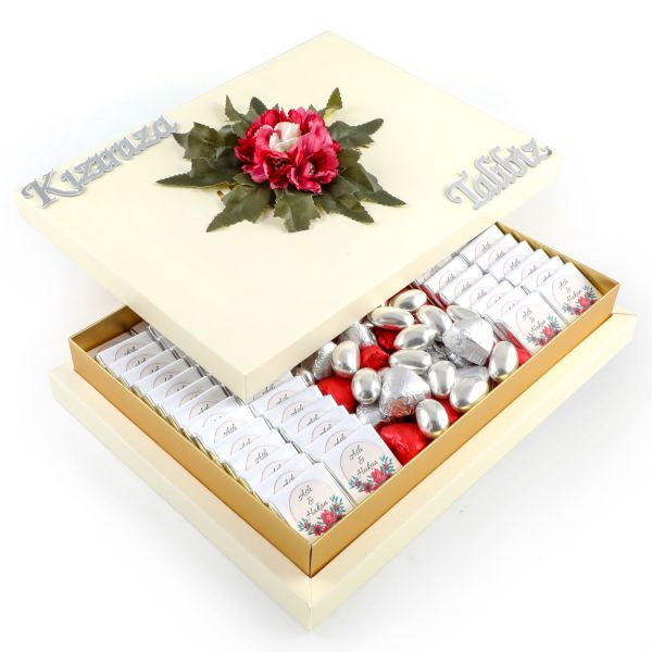 Kız İsteme Çikolatası 60 Madlen Çikolata + Kalp Çikolata + Draje (Krem Kutu) - 1