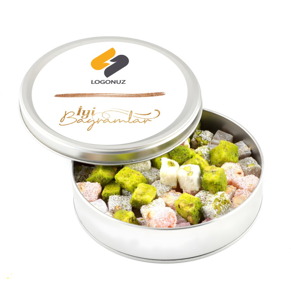 Kurumsal Logolu Bayram Hediyesi Çifte Kavrulmuş Lokum (Metal Yuvarlak Kutu) 300g - 1