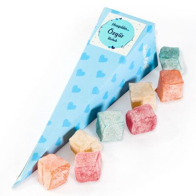 ​Mavi Büyük Külah Mini Meyveli Kuş Lokum (Kalp Desenli) - Hacı Şerif