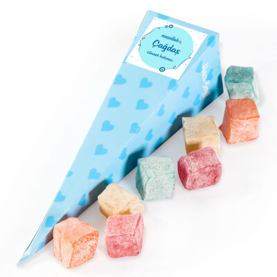 ​Mavi Sünnet Büyük Külah Mini Meyveli Kuş Lokum (Kalp Desenli) x 25 Adet - Hacı Şerif