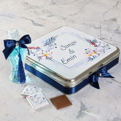 Söz-Nişan 48 Adet Madlen Çikolata Metal Kutu+Gül Suyu Hediyeli (Mavi) - 3