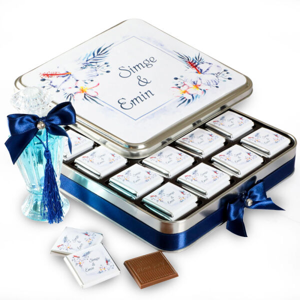 Söz-Nişan 48 Adet Madlen Çikolata Metal Kutu+Gül Suyu Hediyeli (Mavi) - 1