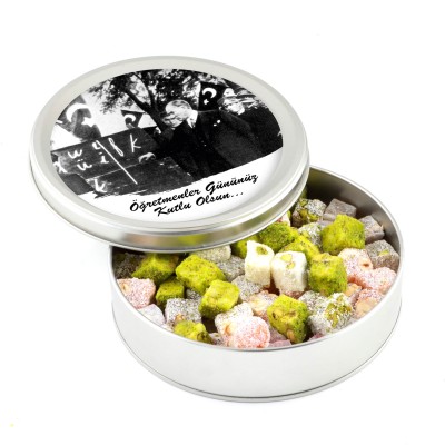 Atatürk Temalı Öğretmenler Günü Hediyesi Çifte Kavrulmuş Lokum (Metal Yuvarlak Kutu) 300g - 1