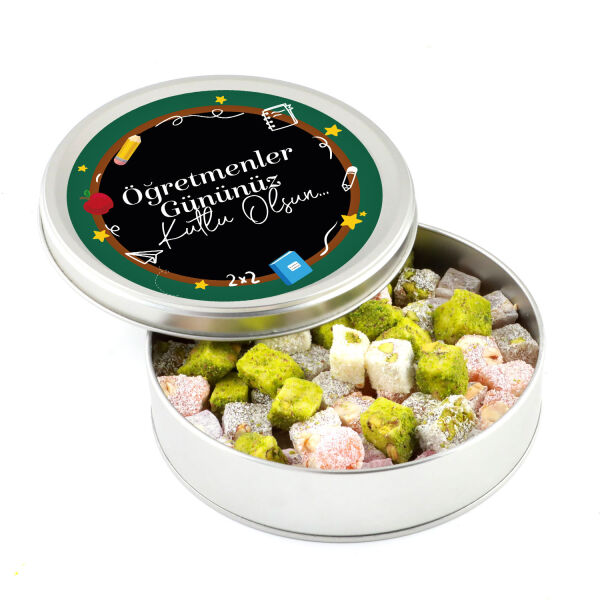 Öğretmenler Günü Hediyesi Çifte Kavrulmuş Lokum (Metal Yuvarlak Kutu) 300g Model-2 - 1