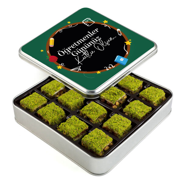 Öğretmenler Günü Hediyesi İçi Dışı Antep Fıstıklı Çikolatalı Bohça Lokum (Metal Kutu) Model-2 - 1