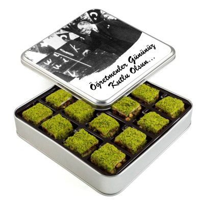 Öğretmenler Günü Hediyesi İçi Dışı Antep Fıstıklı Çikolatalı Bohça Lokum (Metal Kutu) - 1