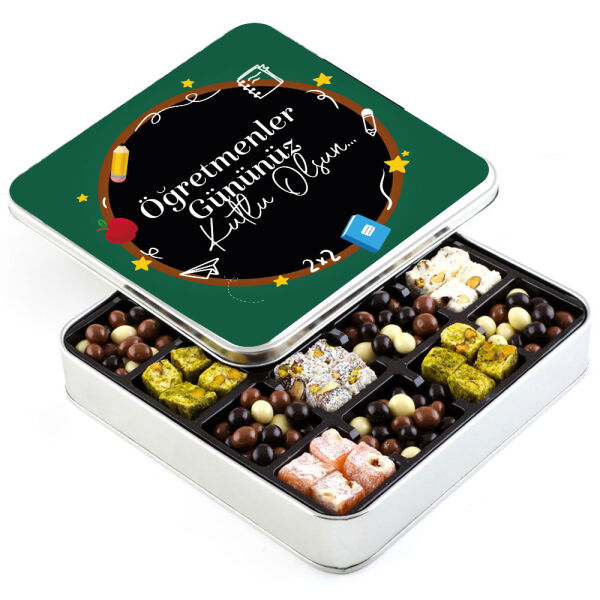 Öğretmenler Günü Hediyesi Kahve Draje + Çifte Kavrulmuş Lokum (Metal Kutu) Model-2 - 1
