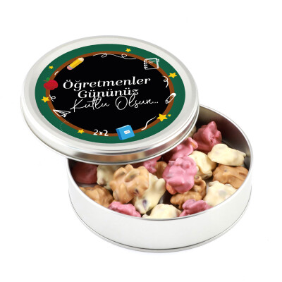 Öğretmenler Günü Hediyesi Karışık Antep Fıstıklı Roş Çikolata (Metal Yuvarlak Kutu) Model-2 - 1