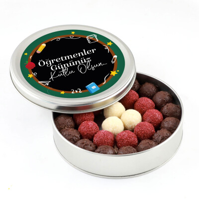 Öğretmenler Günü Hediyesi Karışık Special Truffle Çikolata (Yuvarlak Metal Kutu) Model-2 - 1