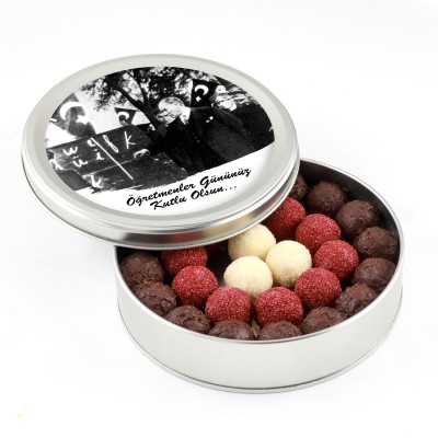 Atatürk Temalı Öğretmenler Günü Hediyesi Karışık Special Truffle Çikolata (Yuvarlak Metal Kutu) - 1