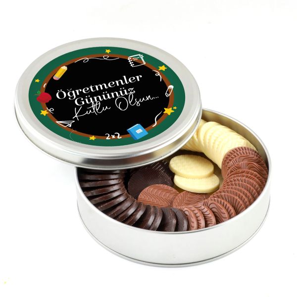 Öğretmenler Günü Hediyesi Yuvarlak Madlen Çikolata (Metal Yuvarlak Kutu) Model-2 - 1