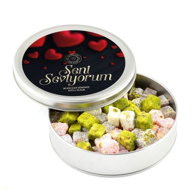 Sevgililer Günü Hediyesi Çifte Kavrulmuş Lokum (Metal Yuvarlak Kutu) 300g - Siyah - 1