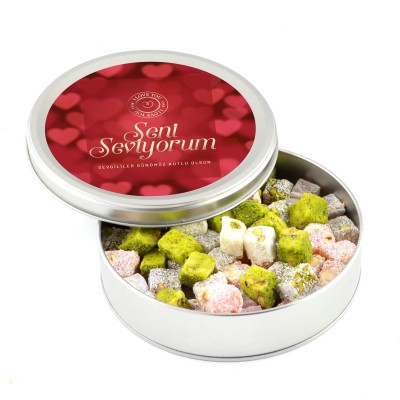 Sevgililer Günü Hediyesi Çifte Kavrulmuş Lokum (Metal Yuvarlak Kutu) 300g - Kırmızı - 1