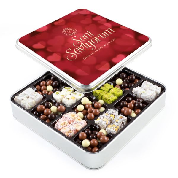 Sevgililer Günü Hediyesi Kahve Draje + Çifte Kavrulmuş Lokum (Metal Kutu) - Kırmızı - 1