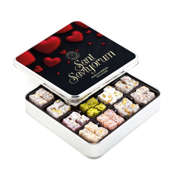 Sevgililer Günü Hediyesi Karışık Çifte Kavrulmuş Lokum (Metal Kutu) - Siyah - 1