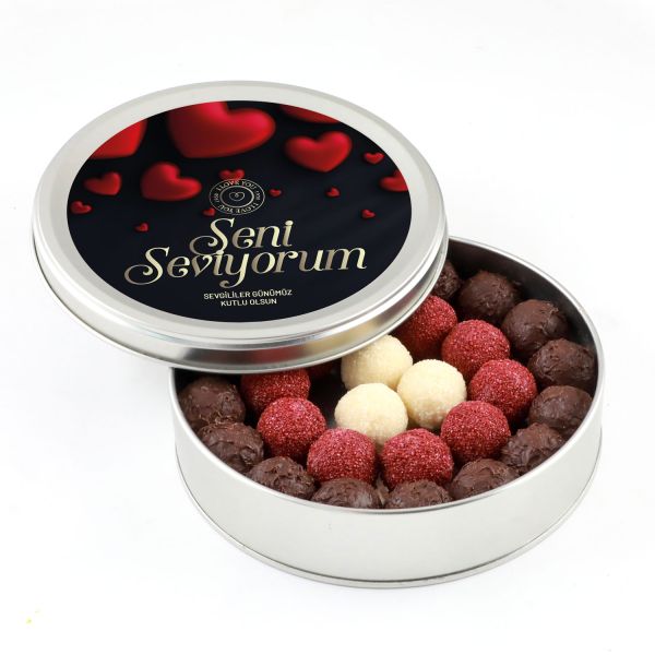 Sevgililer Günü Hediyesi Karışık Special Truffle Çikolata (Yuvarlak Metal Kutu) - Siyah - 1