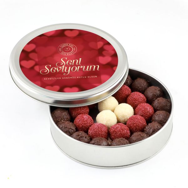 Sevgililer Günü Hediyesi Karışık Special Truffle Çikolata (Yuvarlak Metal Kutu) - Kırmızı - 1