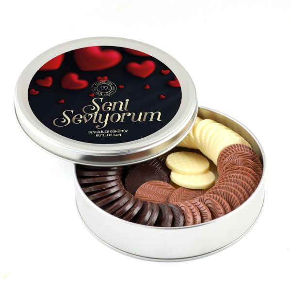 Sevgililer Günü Hediyesi Yuvarlak Madlen Çikolata (Metal Yuvarlak Kutu) - Siyah - 1