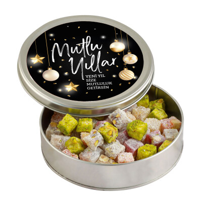Yılbaşı Hediyesi Çifte Kavrulmuş Lokum (Metal Yuvarlak Kutu) 300g Siyah - 1