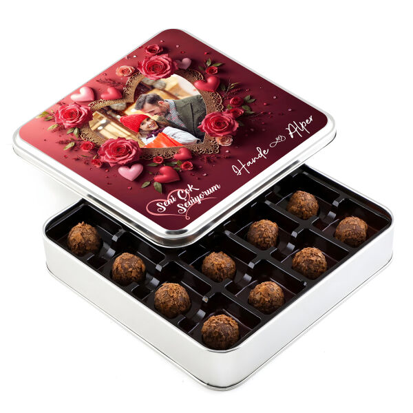 Sevgiliye Hediye Fotoğraflı İsimli Tahinli Truffle Çikolata (Metal Kutu) - 1