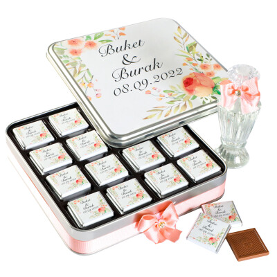 Söz-Nişan 48 Adet Madlen Çikolata Metal Kutu+Kolonya Hediyeli (Somon) - 1