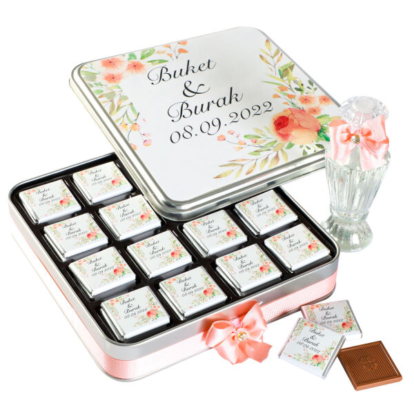 Söz-Nişan 48 Adet Madlen Çikolata Metal Kutu+Kolonya Hediyeli (Somon) - 1