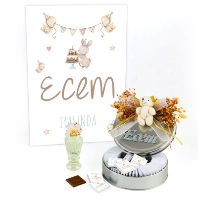 Turuncu Ayıcık Figürlü 1 Yaş Bebek Çikolatası (Metal Yuvarlak Kutu) 50 Adet Madlen+Kolonya+Afiş - 1