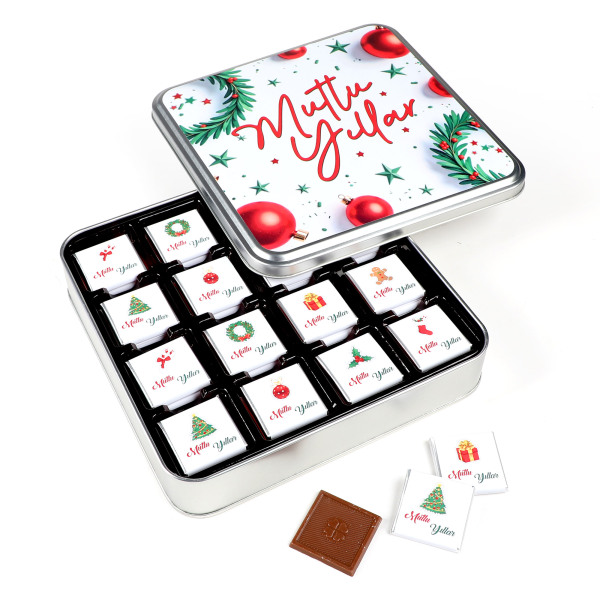 Yılbaşı Hediyesi 32 Adet Madlen Çikolata Metal Kutu Beyaz - 1