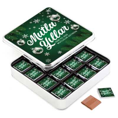 Yılbaşı Hediyesi 32 Adet Madlen Çikolata Metal Kutu Yeşil - Hacı Şerif