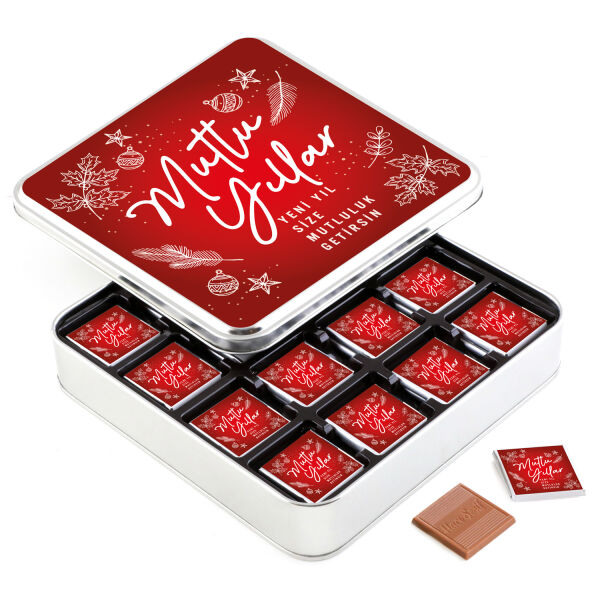 Yılbaşı Hediyesi 32 Adet Madlen Çikolata Metal Kutu Kırmızı - 1