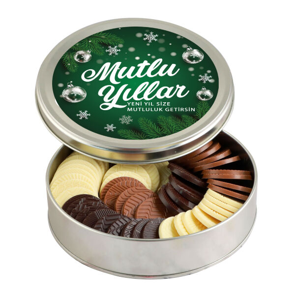 Yılbaşı Hediyesi Yuvarlak Madlen Çikolata (Metal Yuvarlak Kutu) Yeşil - 1
