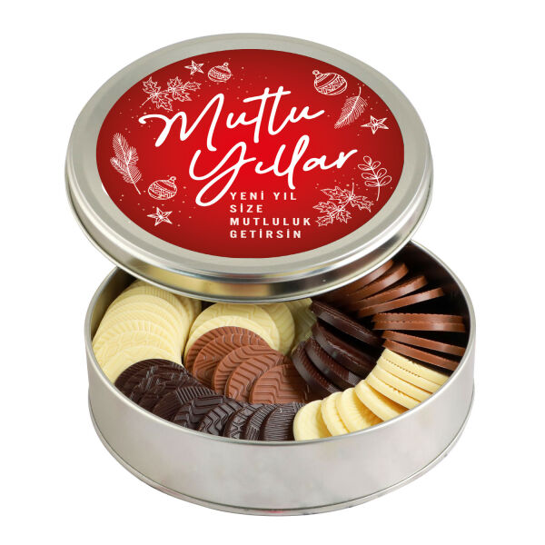 Yılbaşı Hediyesi Yuvarlak Madlen Çikolata (Metal Yuvarlak Kutu) Kırmızı - 1