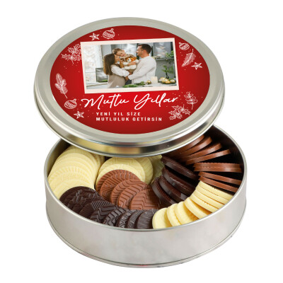 Fotoğraflı Yılbaşı Hediyesi Yuvarlak Madlen Çikolata (Metal Yuvarlak Kutu) - 1