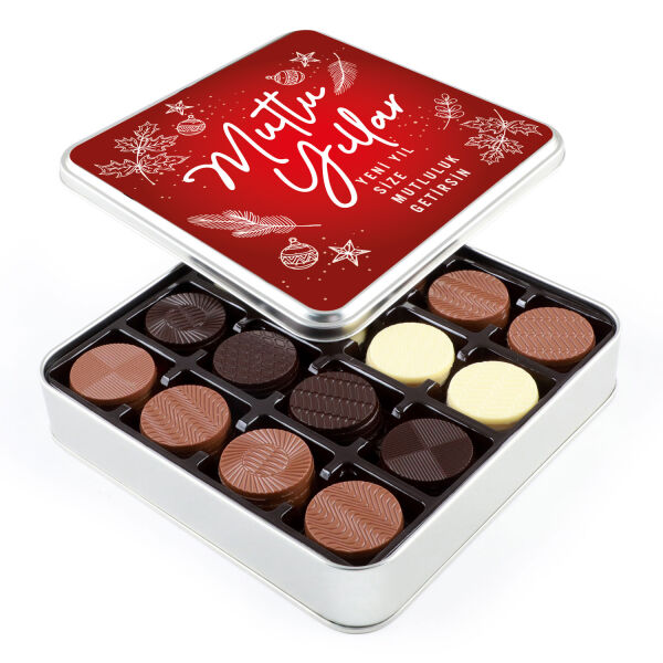 Yılbaşı Hediyesi Yuvarlak 64 Adet Madlen Çikolata (Metal Kutu) Kırmızı - 1