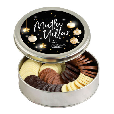 Yılbaşı Hediyesi Yuvarlak Madlen Çikolata (Metal Yuvarlak Kutu) Siyah - 1