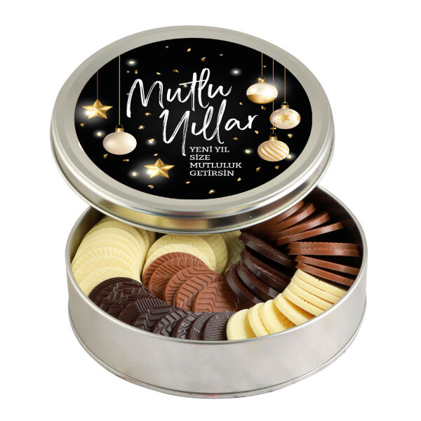 Yılbaşı Hediyesi Yuvarlak Madlen Çikolata (Metal Yuvarlak Kutu) Siyah - 1
